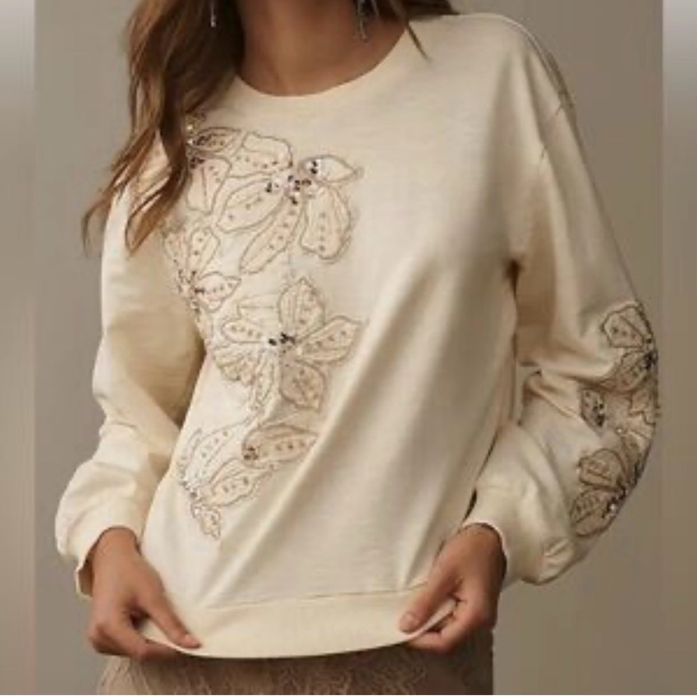 Anthropologie cream embellished crew neck